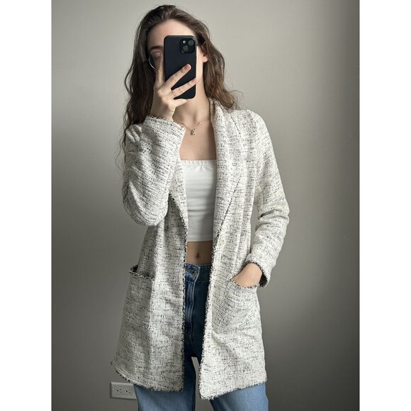 Max Studio White & Black Heathered Tweed Cardigan Size M – Classic Textured Knit - Picture 1 of 9